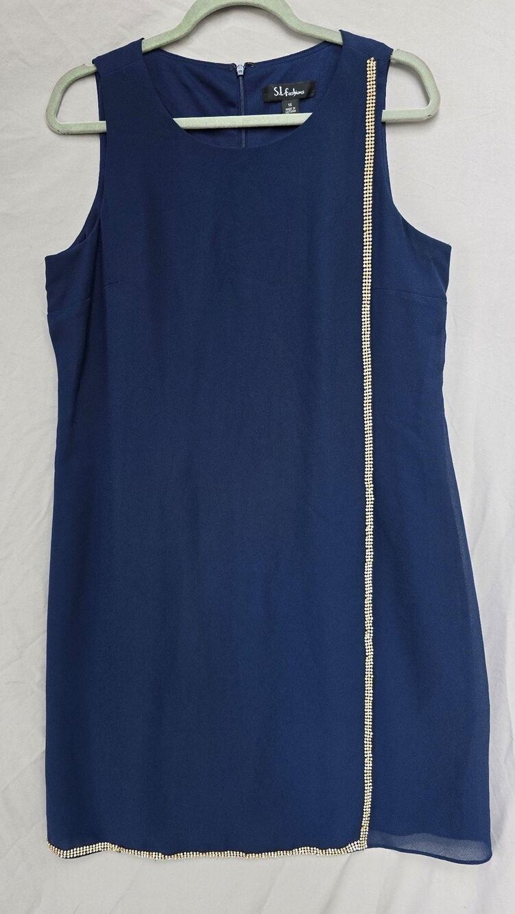 S.L. Fashions Dress Womens 14 Blue Sleeveless Chiffon Shift Rhinestone Party